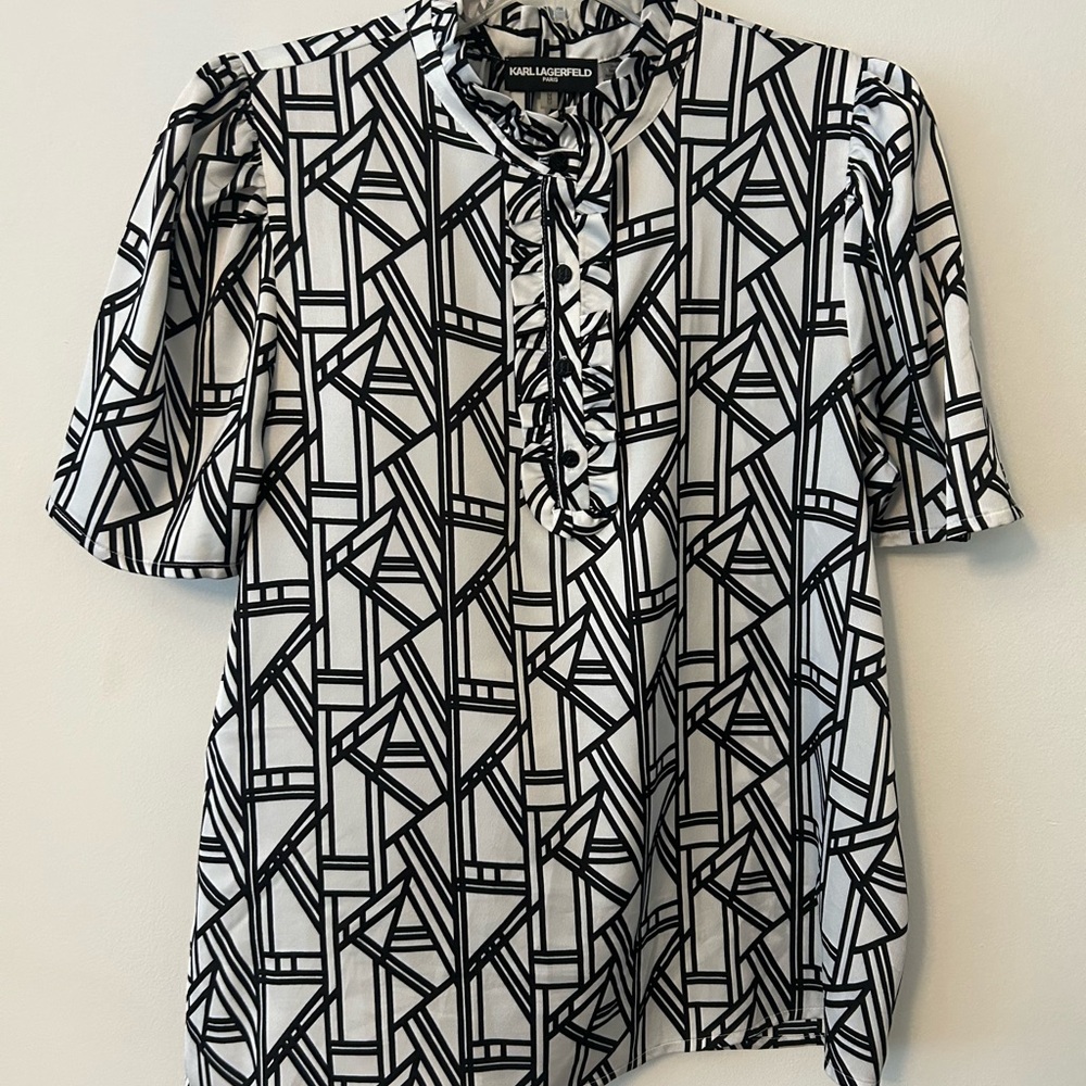 Karl Lagerfeld Black & White Geometric Ruffle Front Blouse
